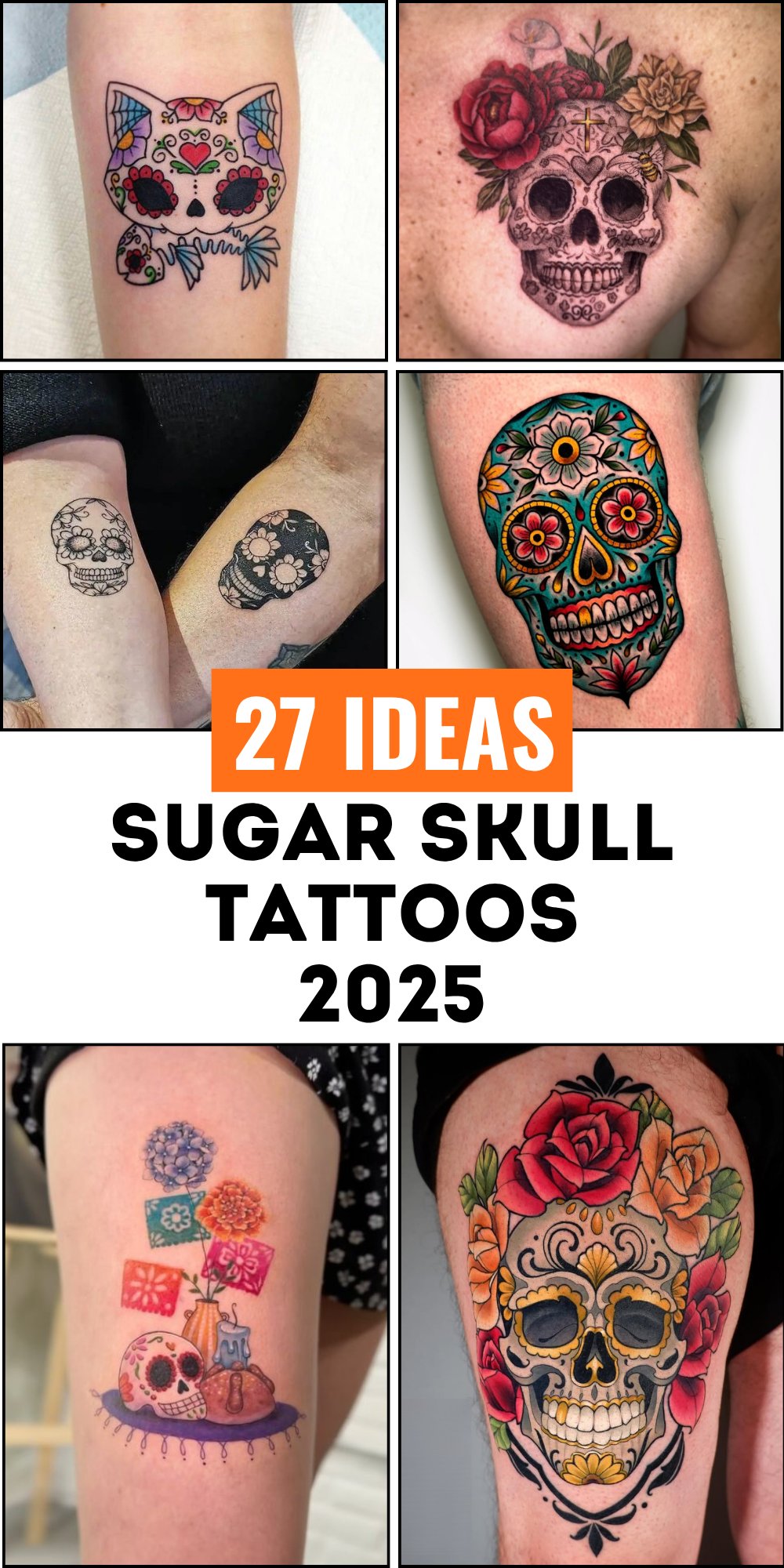 27 Sugar Skull Tattoo Designs for Women and Men 2025 – Color, Black &#038; White, Tiny