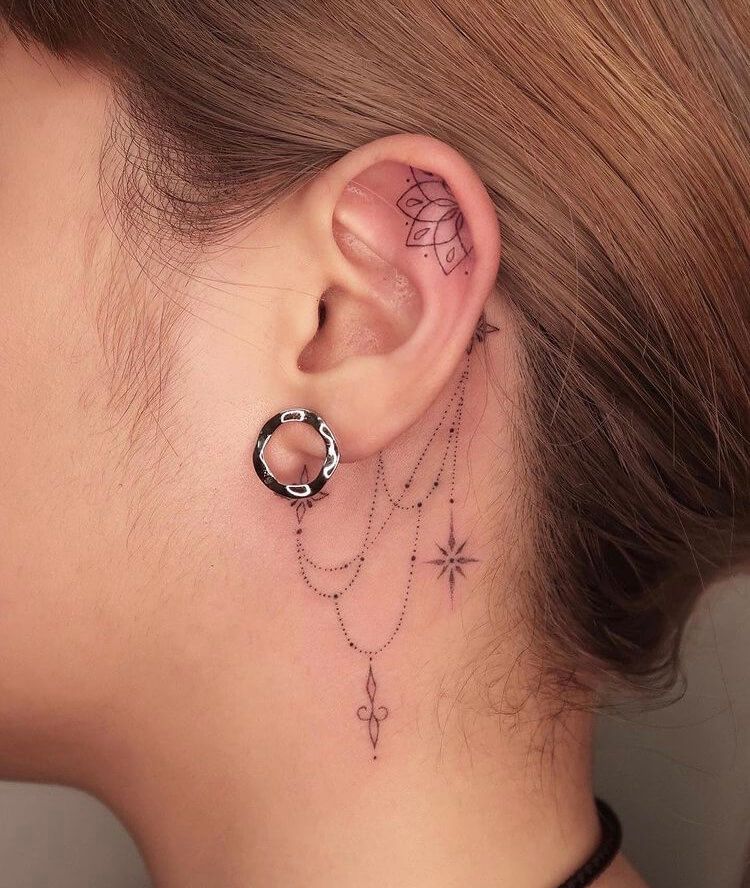 28 Ear Tattoo Ideas for Women and Men with Piercings – Inner, Behind, Side, Fine Line, Flowers, Mandala, Moon, Rose, Cross, Stars, Spider Web