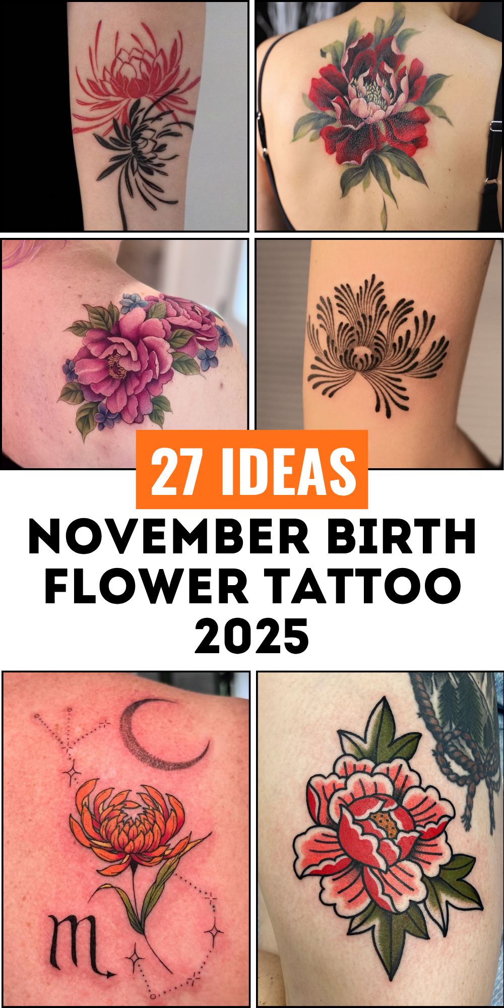 27 November Birth Flower Tattoo 2025 Ideas Featuring Chrysanthemums, Peony, Fine Line Designs
