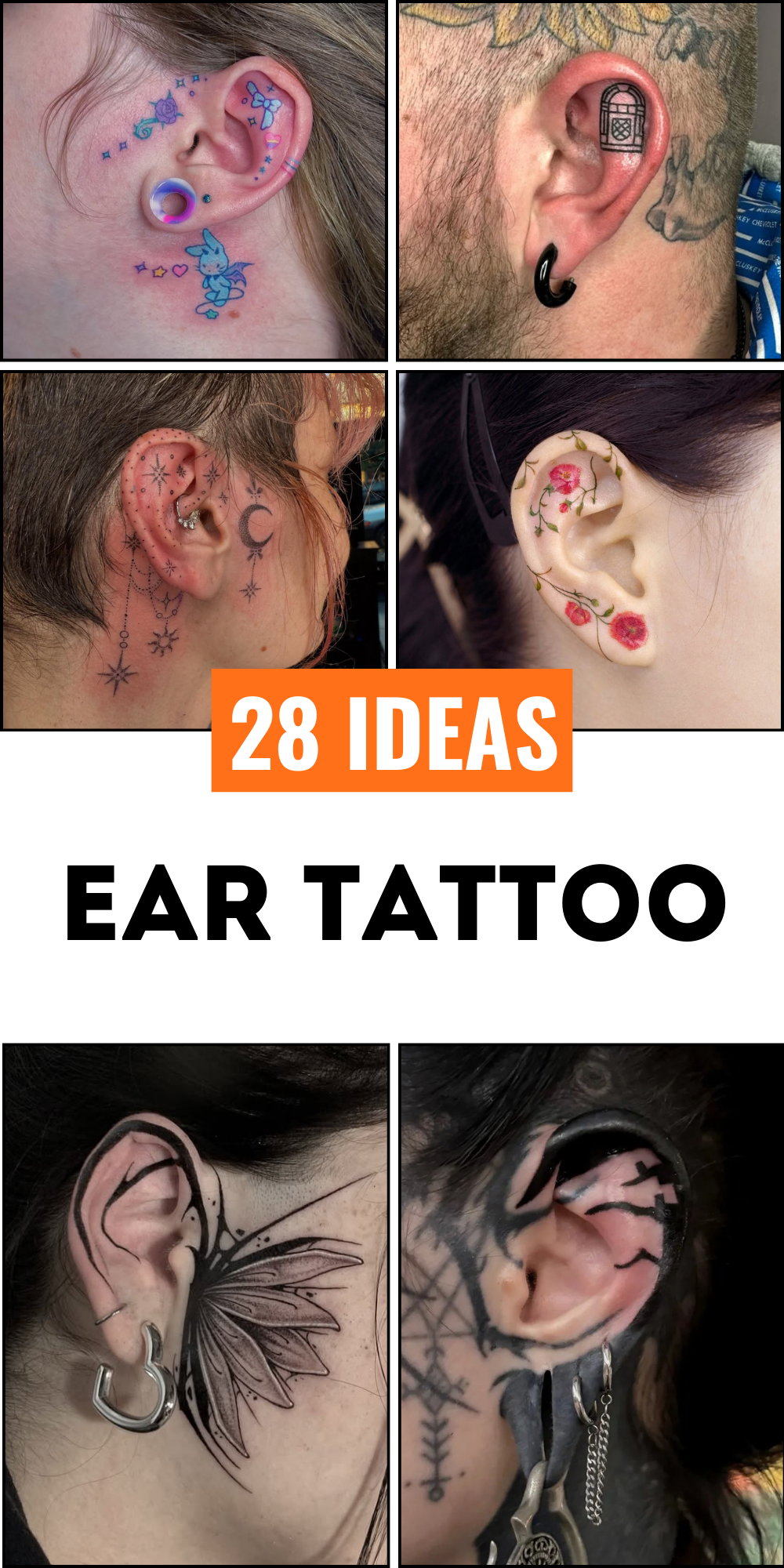 28 Ear Tattoo Ideas for Women and Men with Piercings – Inner, Behind, Side, Fine Line, Flowers, Mandala, Moon, Rose, Cross, Stars, Spider Web